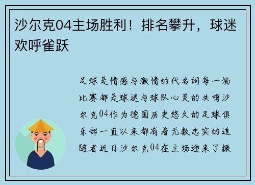 沙尔克04主场胜利！排名攀升，球迷欢呼雀跃