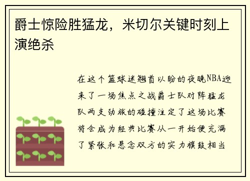 爵士惊险胜猛龙，米切尔关键时刻上演绝杀