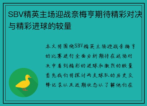 SBV精英主场迎战奈梅亨期待精彩对决与精彩进球的较量