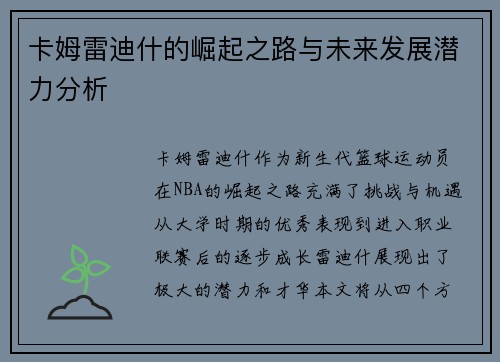 卡姆雷迪什的崛起之路与未来发展潜力分析