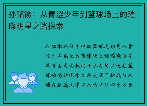 孙铭徽：从青涩少年到篮球场上的璀璨明星之路探索