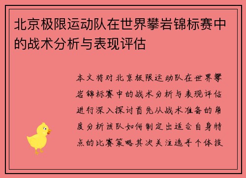 北京极限运动队在世界攀岩锦标赛中的战术分析与表现评估
