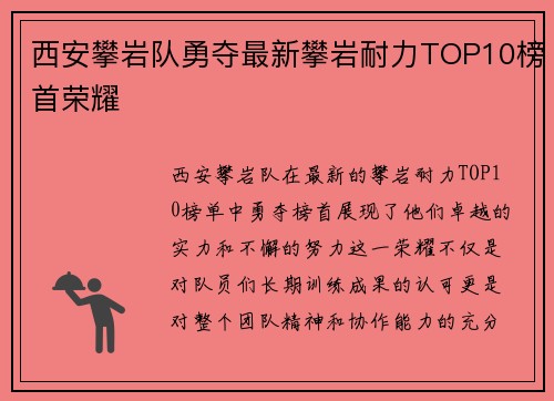 西安攀岩队勇夺最新攀岩耐力TOP10榜首荣耀