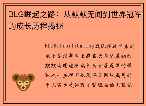 BLG崛起之路：从默默无闻到世界冠军的成长历程揭秘
