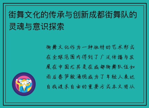 街舞文化的传承与创新成都街舞队的灵魂与意识探索